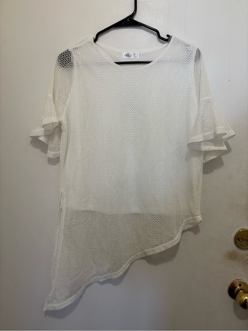 Ally Fashion White Mesh Asymmetrical Top Ruffle Sleeve Size S
